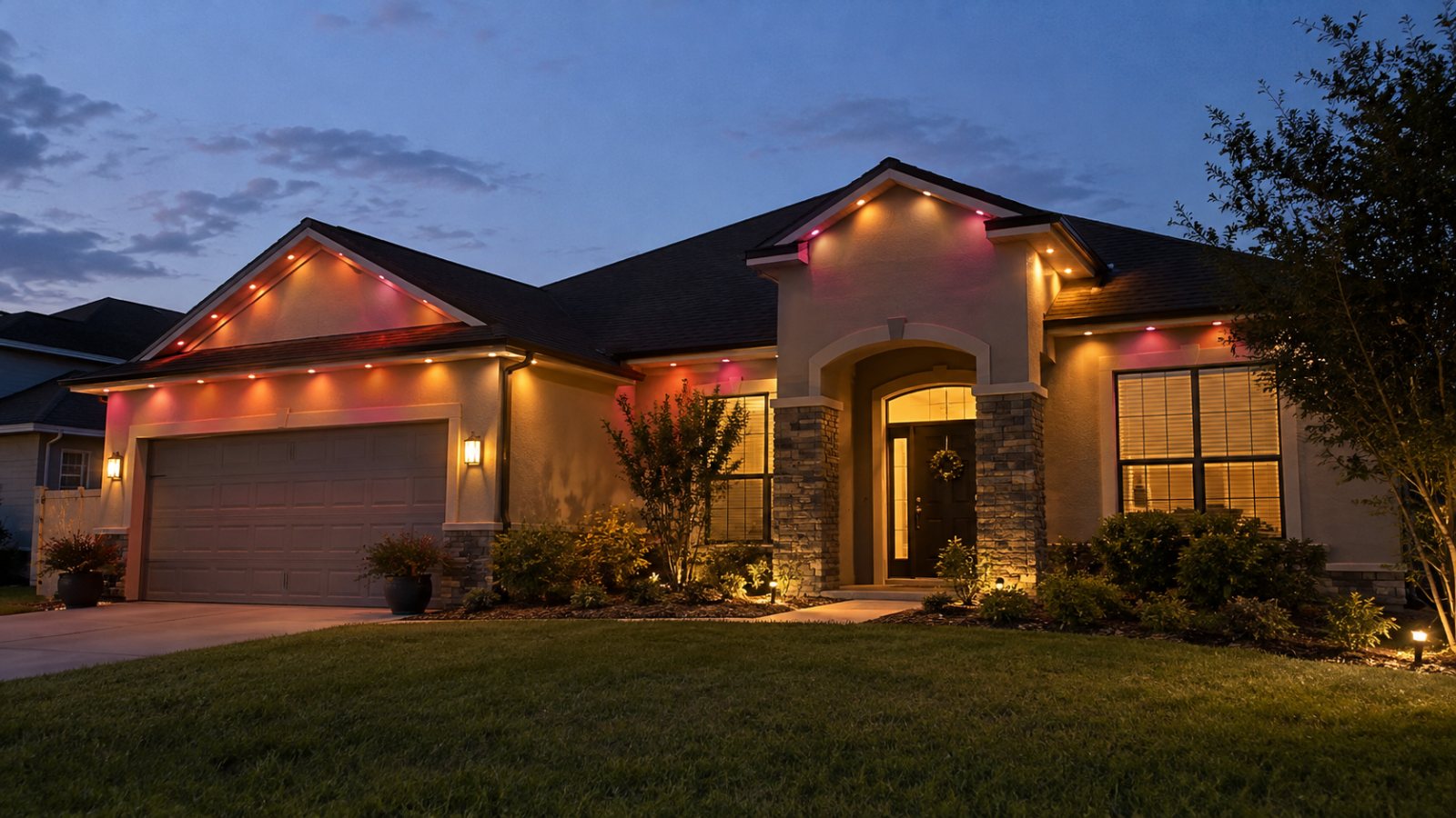 Home with permanent roofline lighting at twilight in the Winter Garden area