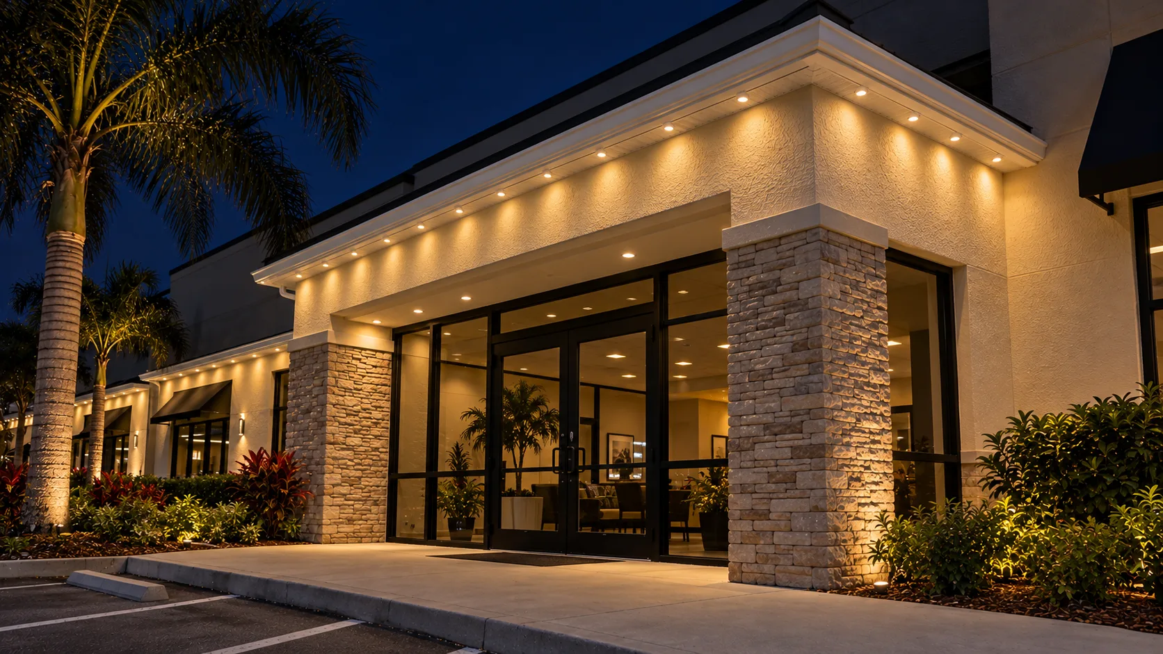 Storefront entrance lit at night