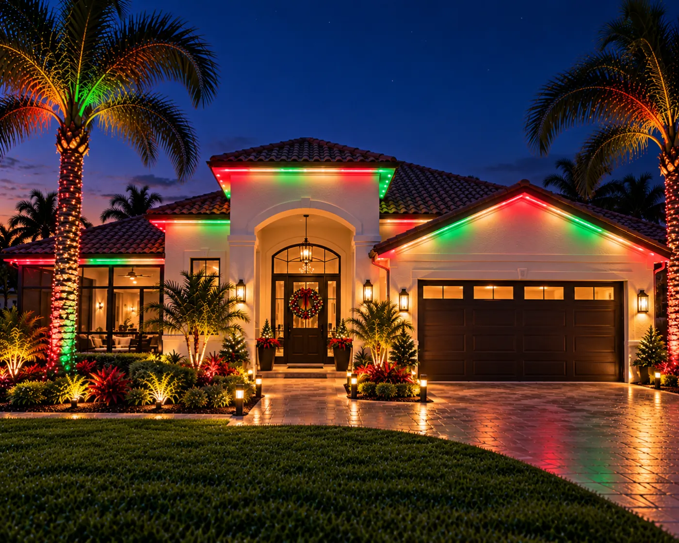 Florida home with permanent holiday lighting at twilight