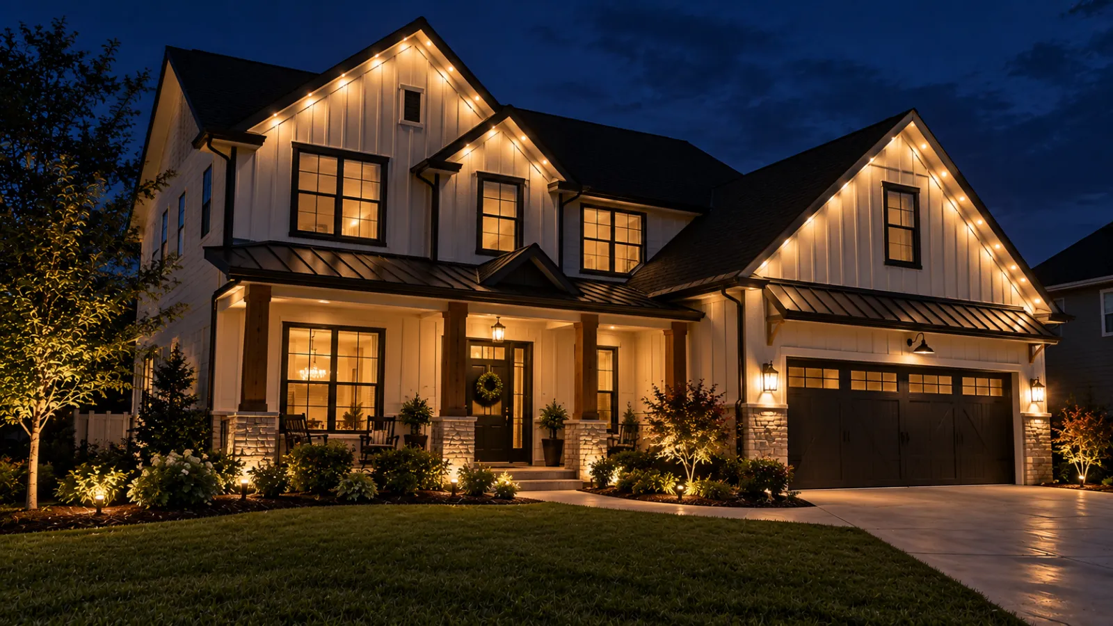 Farmhouse with lit garden beds at night