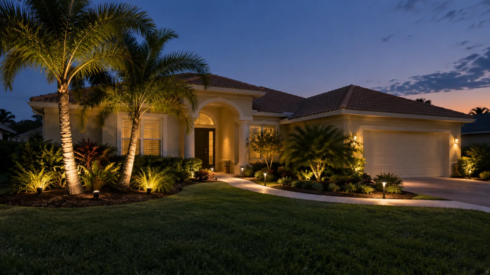 Florida home with uplit palms and path lights