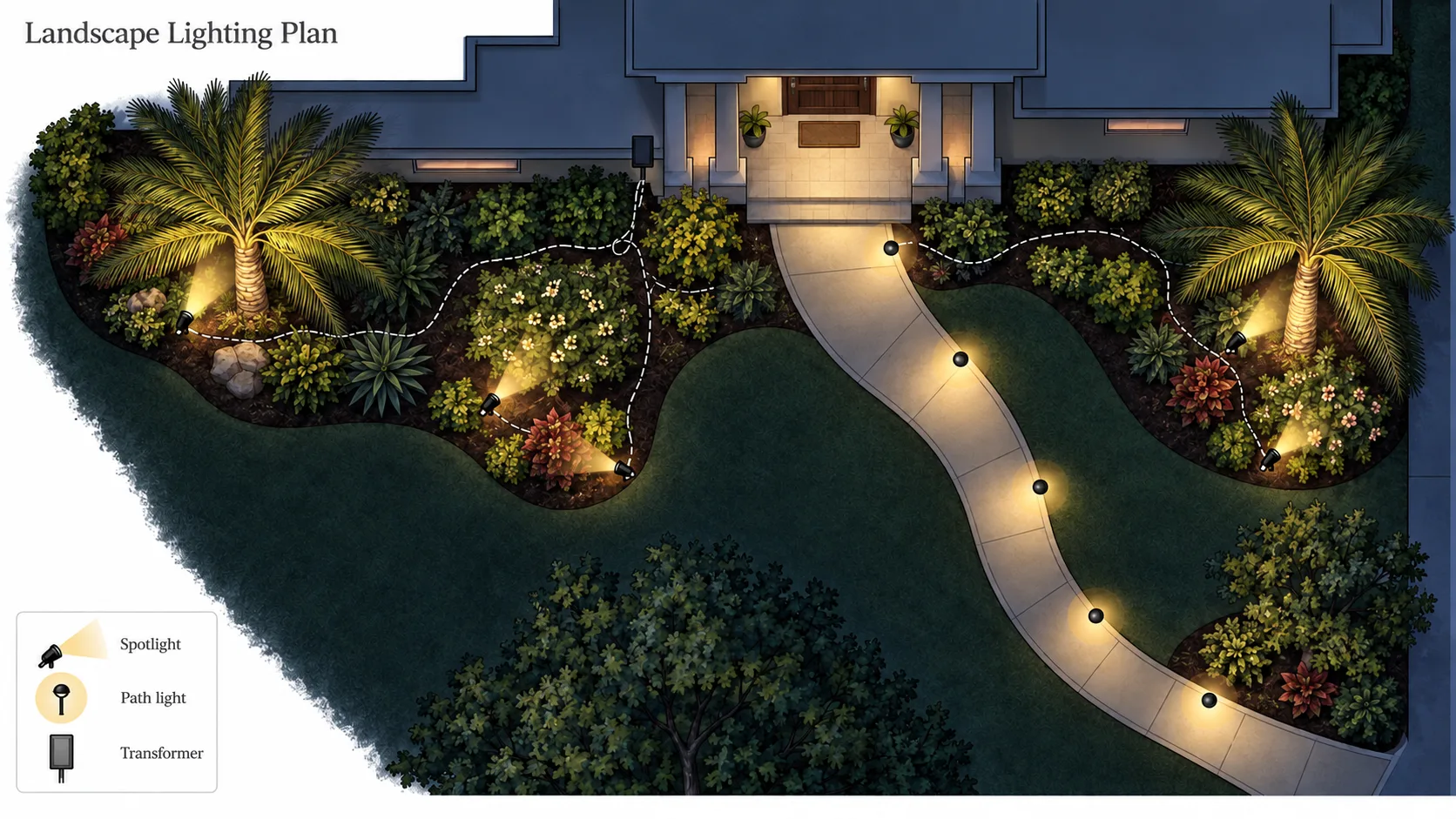 Night view of the same landscape lighting plan on a Florida home