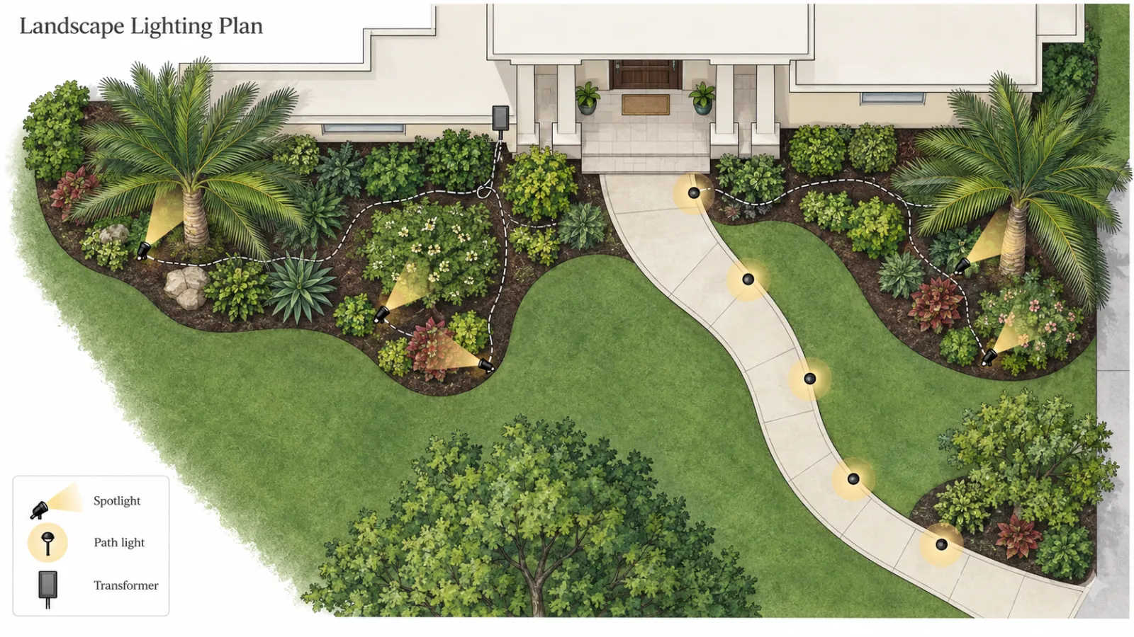 Top-down landscape lighting plan showing spotlights, path lights, transformer and wire runs