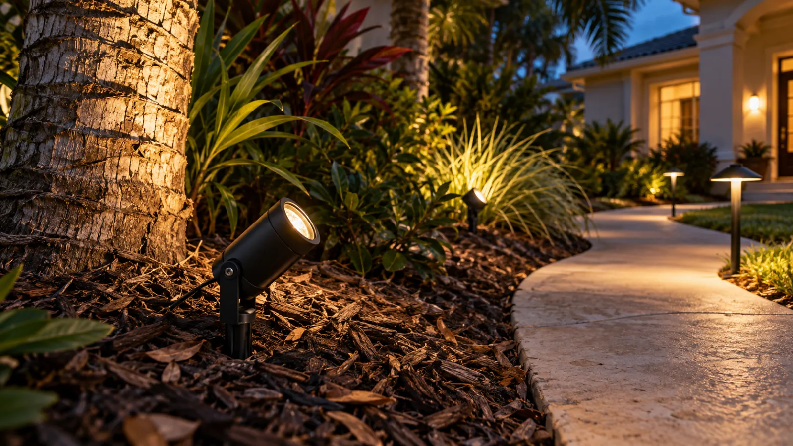 Low-voltage spotlight uplighting a palm beside a lit garden path