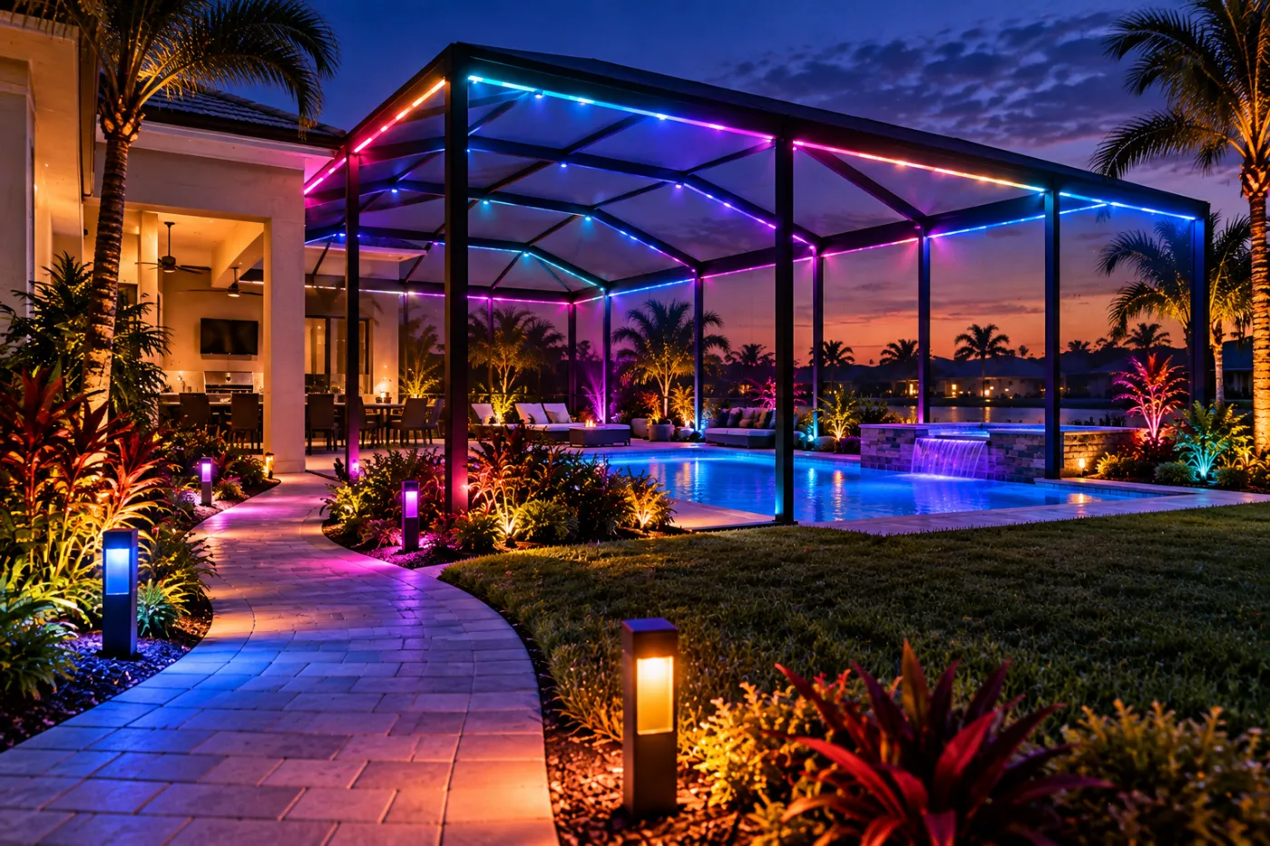 Poolside retreat with colorful lighting