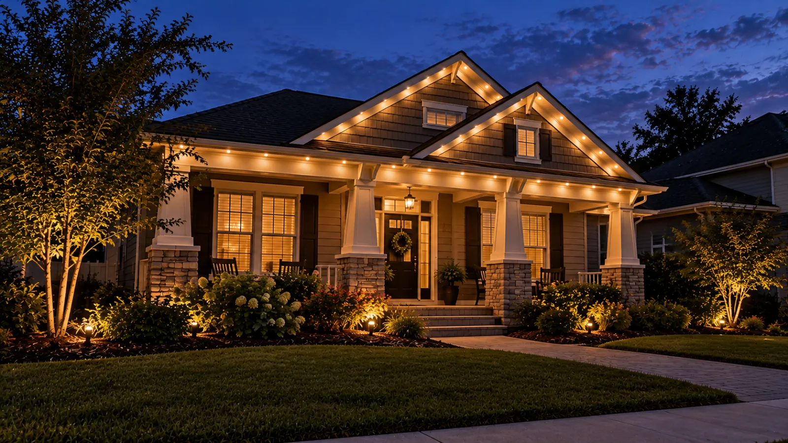 Craftsman-style home with permanent roofline lights at twilight