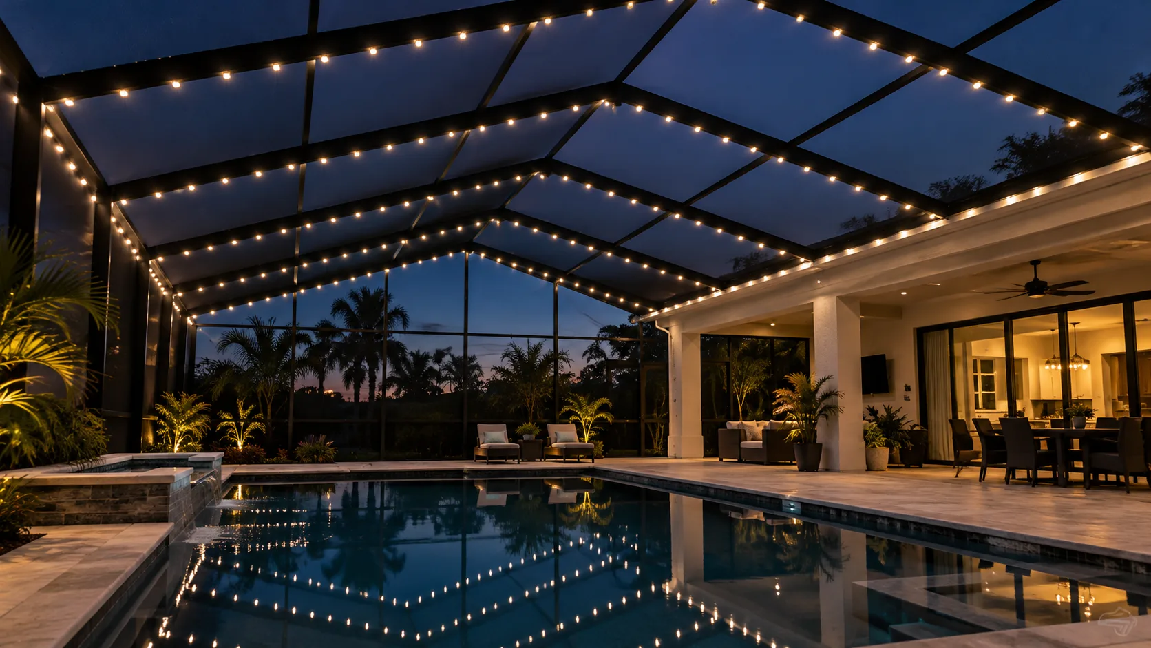 Lit pool screen enclosure at night