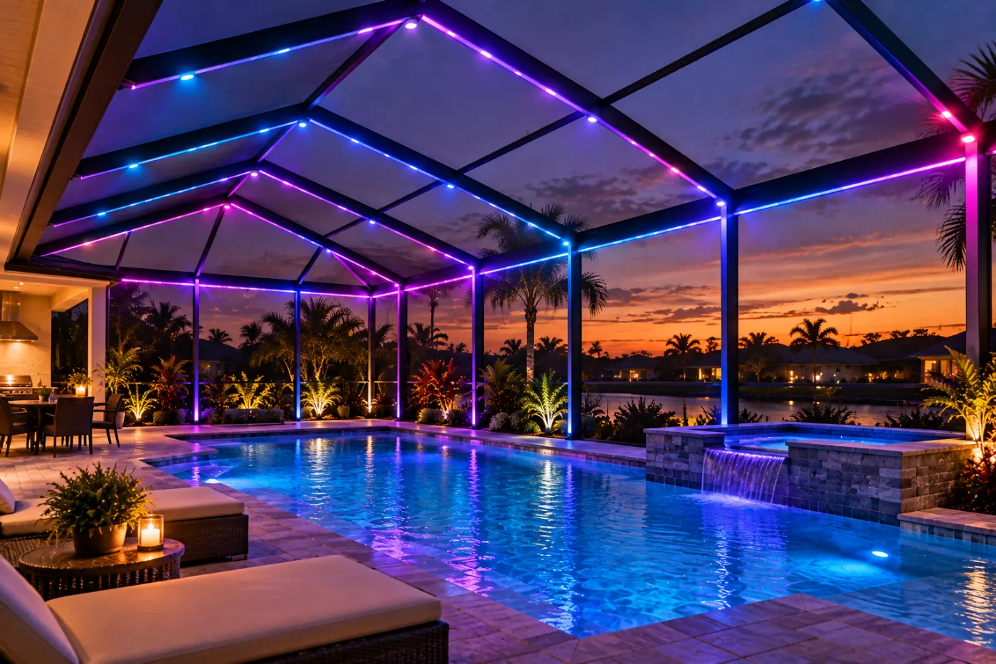 Pool lanai lit in color at dusk