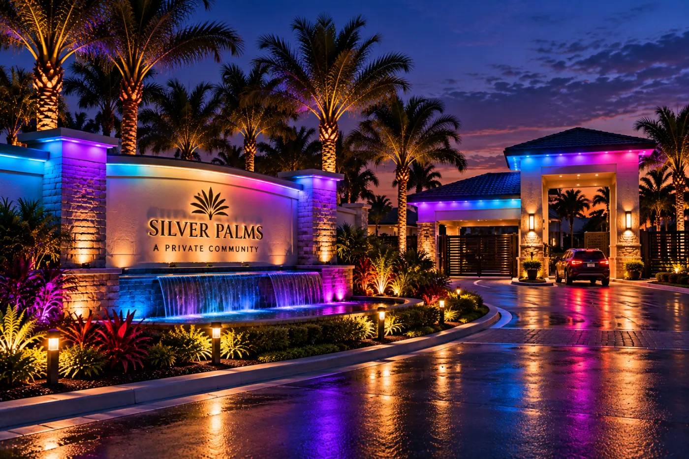 Community entrance lit at twilight