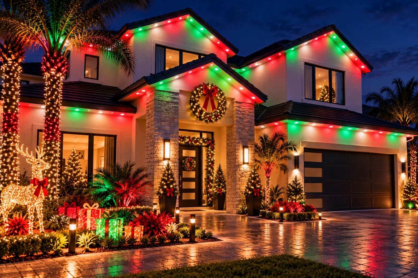 Modern home with holiday roofline lights