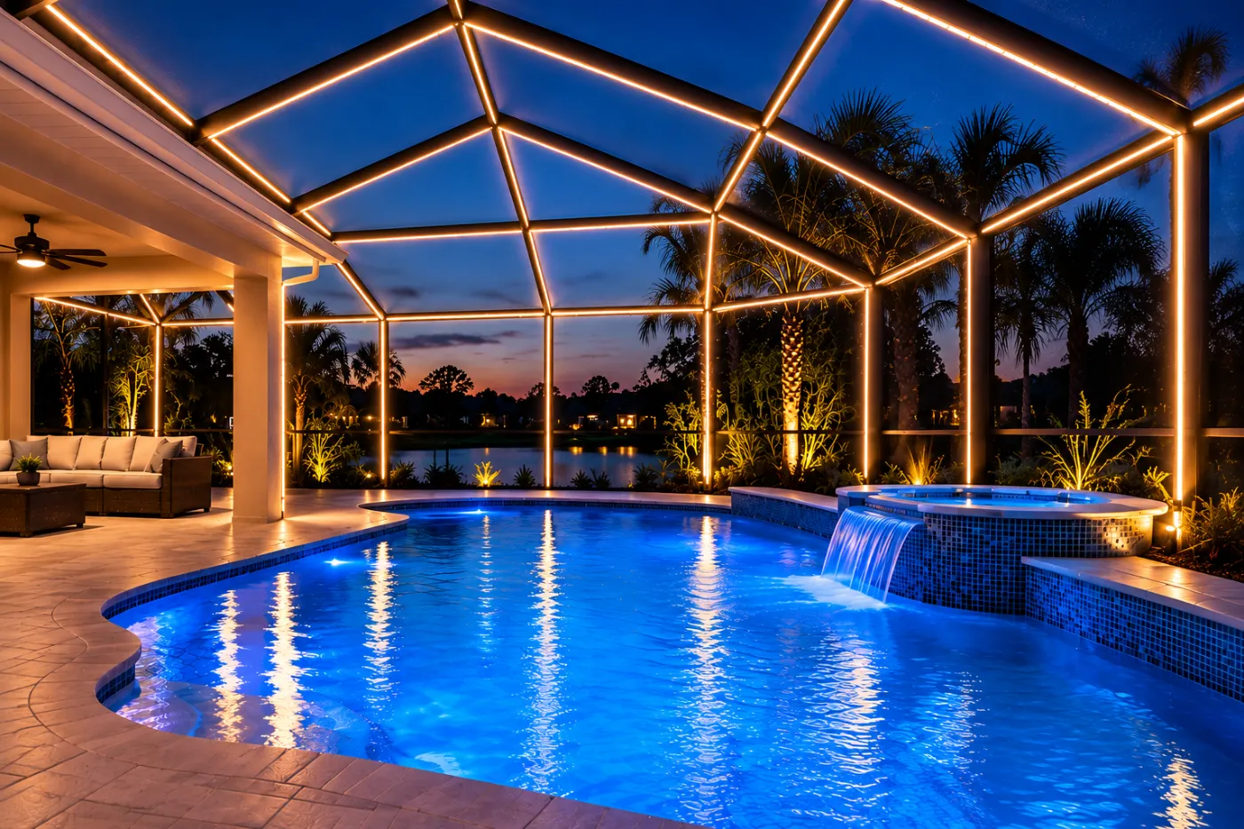 Pool deck and lanai lit at night
