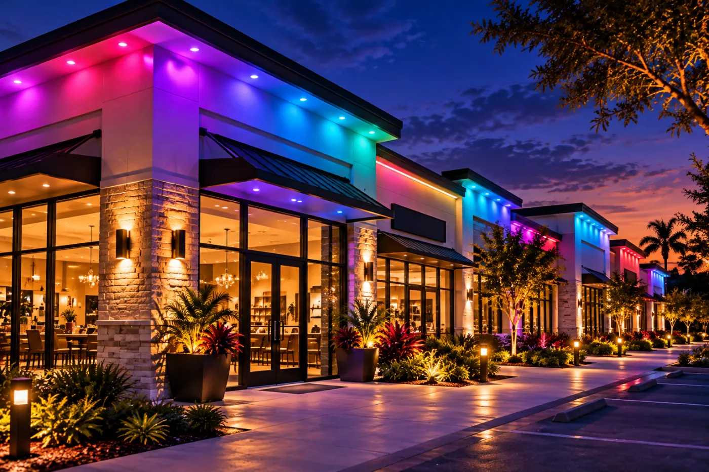 Shopping plaza with exterior lighting