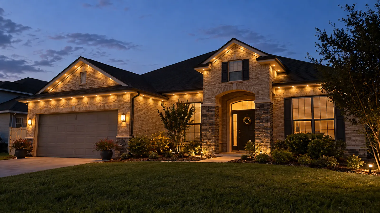 Brick home with uplit tree and entry lighting